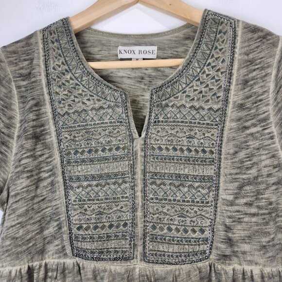 Knox Rose Embroidered Babydoll Top Women M Beaded‎ Garment Dyed Green - Picture 2 of 11